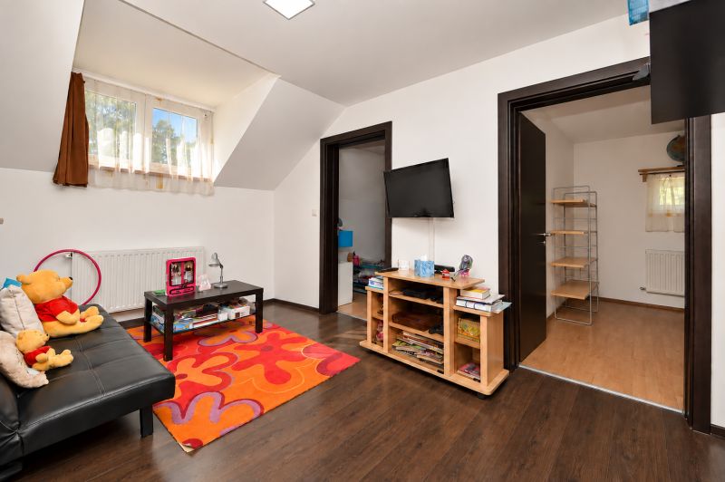 Living room with a colorful carpet and a television, wooden decor flooring in a family house.