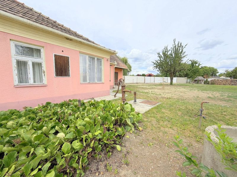 A family house in Dunakiliti with a pink facade and a garden full of greenery.