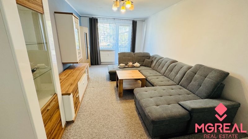 Living room in a 3-room apartment with a comfortable sofa and a wooden decor floor.