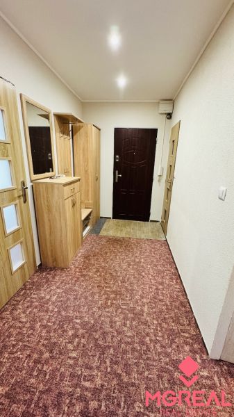 A hallway with a carpet and a built-in wardrobe in a 3-room apartment.
