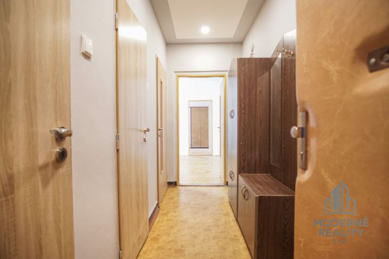 A hallway in a 2-room apartment with a wooden decor floor and a light interior.