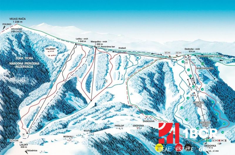 Ski map of the Veľká Rača resort, Oščadnica with marked slopes and freeride areas.