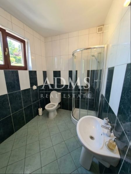 Bathroom with toilet, shower, and sink in office premises.