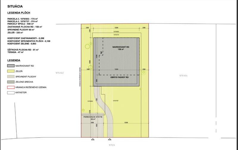 Floor plan of a family house in Častkovce with a terrace and green areas.