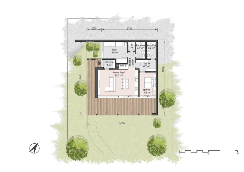 A one-story family house plan with a garden and terrace in Častkovce.