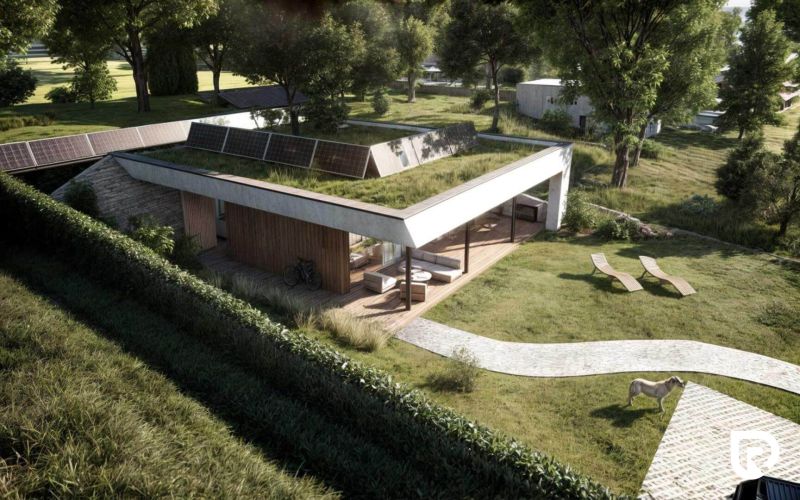 A family house in Častkovce with a terrace and a green roof, surrounded by nature.