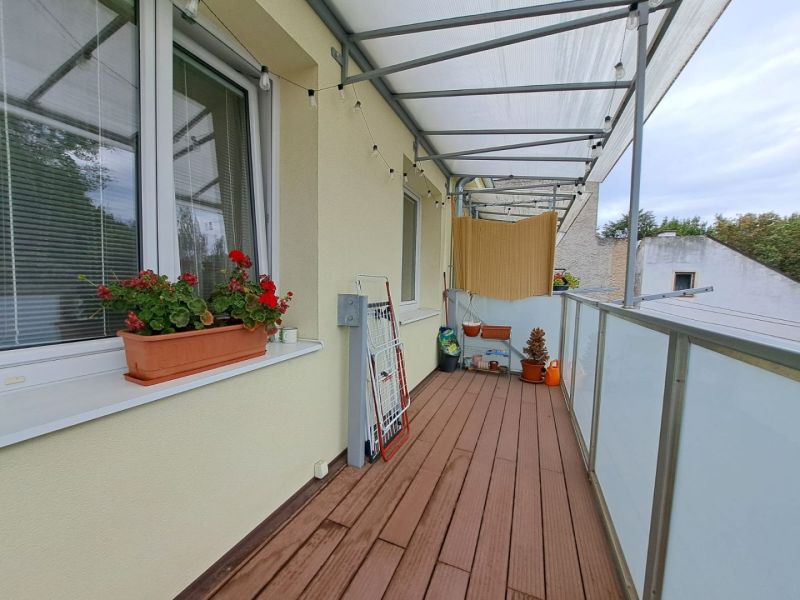 Balcony of a 3-room apartment with a wooden decor floor, a flower pot, and a clothes drying rack.