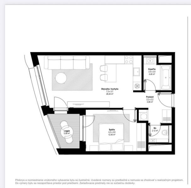 Floor plan of a 2-room apartment with a living room, kitchen, bathroom, bedroom, and loggia.
