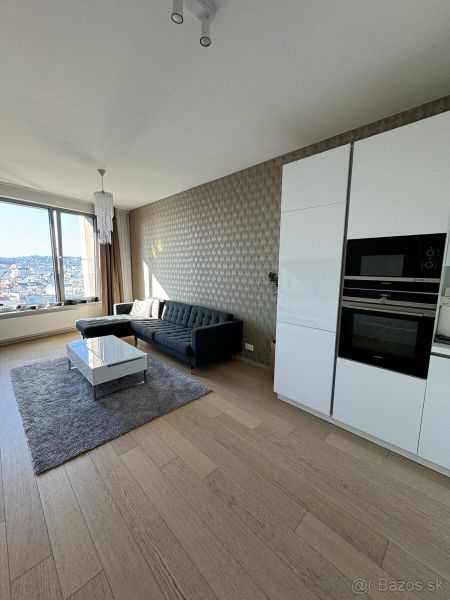 2-room apartment with wood-patterned flooring, sofa, kitchen, view, window, carpet.