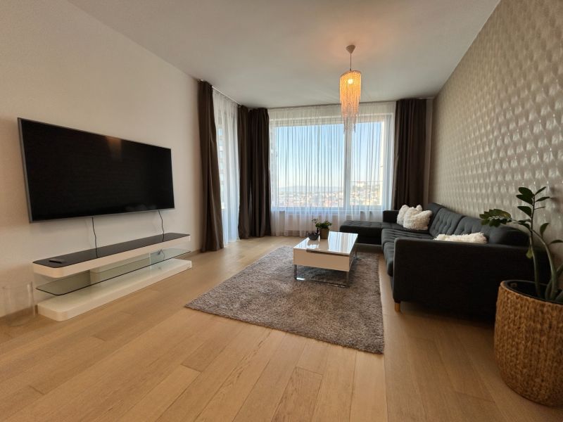 Living room in a two-room apartment with a wooden decor floor, large window, and television.