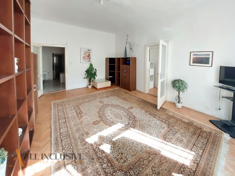A bright living room with wood-patterned flooring, a carpet, and furniture in a two-room apartment.