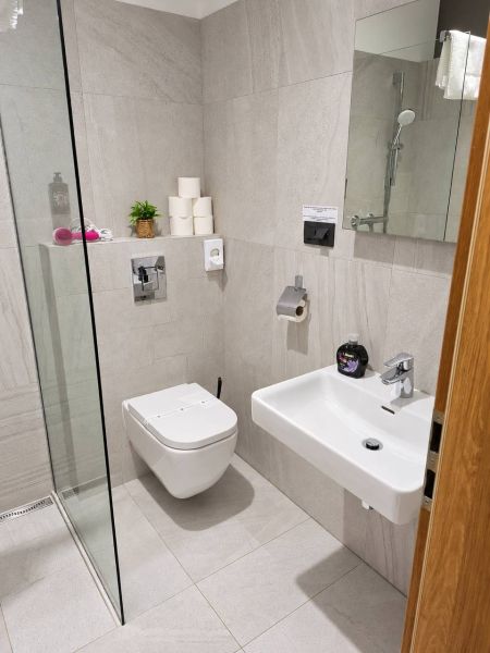 Bathroom with toilet and shower in a 2-room apartment.