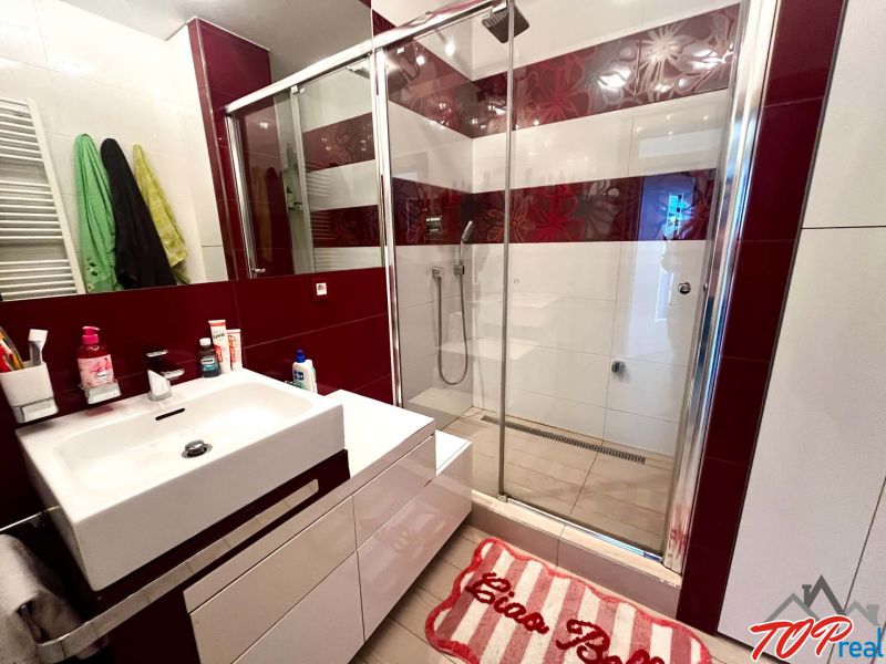 A bathroom with a shower and a sink in a 3-room apartment with decorative tiles.
