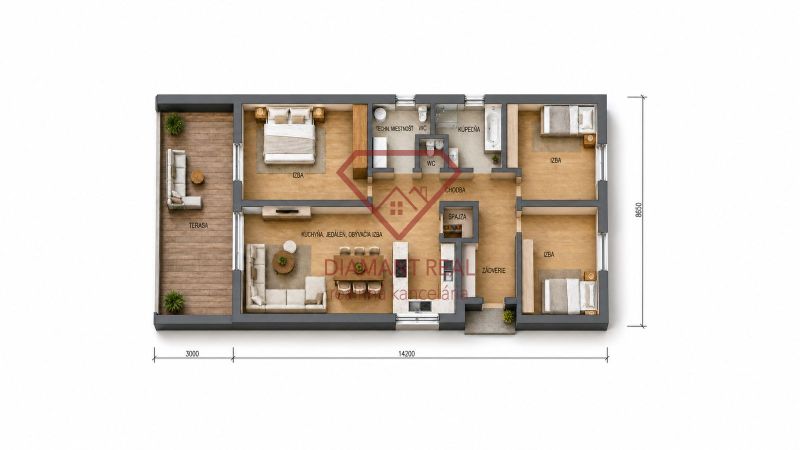 Floor plan of a family house with a terrace, three rooms, and a kitchen, dining room, living room.