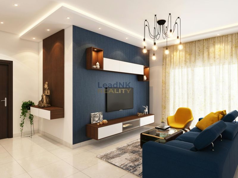 Living room in a 2-room apartment with a blue sofa and stylish lighting.