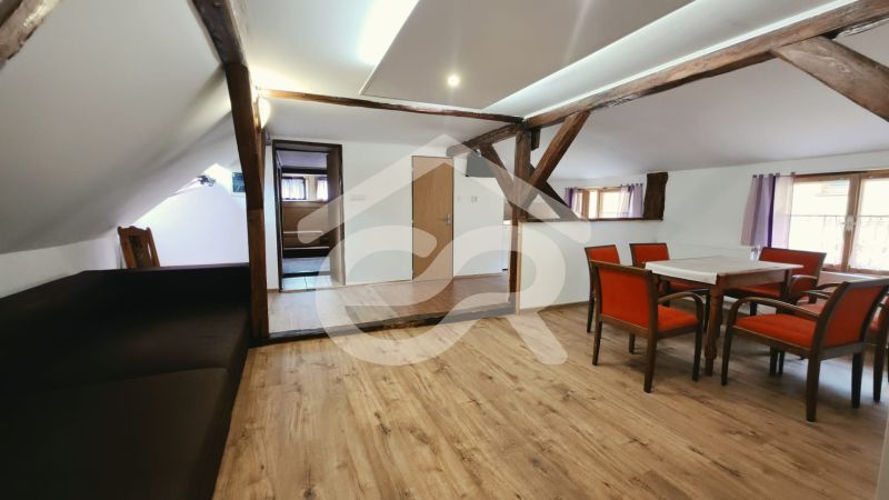 A recreational apartment with wooden beams and wood-decorated flooring offers a dining area.