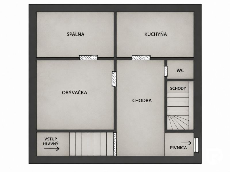 Floor plan of a family house with a bedroom, living room, kitchen, hallway, toilet, and staircase.