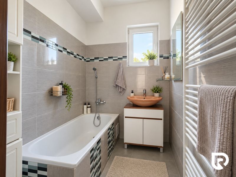 A bathroom in a family house with gray tiles, a bathtub, and a sink on a cabinet.