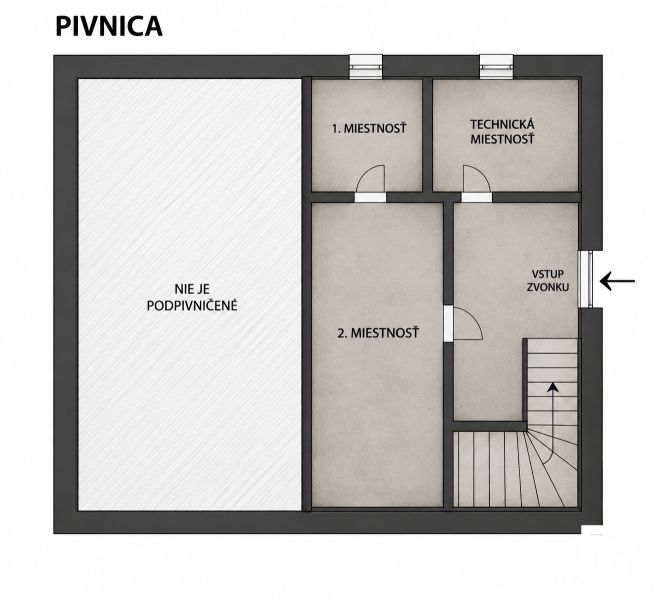 Basement floor plan with a utility room and two rooms in a family house.