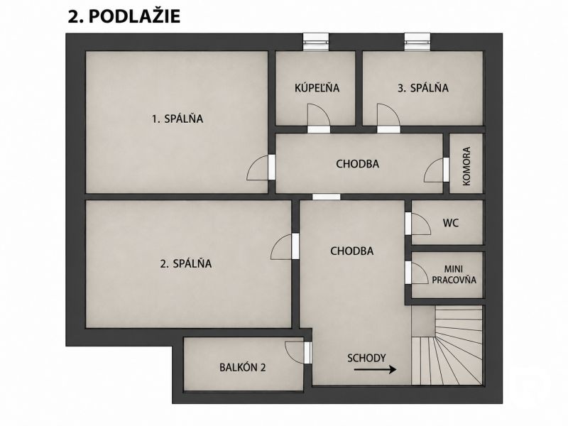 Floor plan of the second level of a family house with bedrooms, a bathroom, and a balcony.