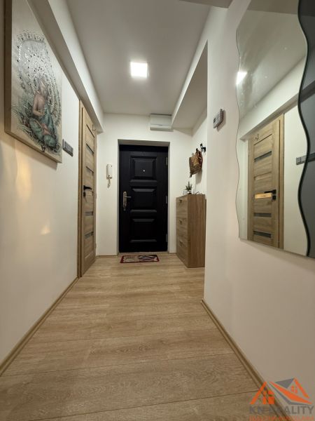 A hallway in a 2-room apartment with a wooden decor floor, decorations, and a mirror.