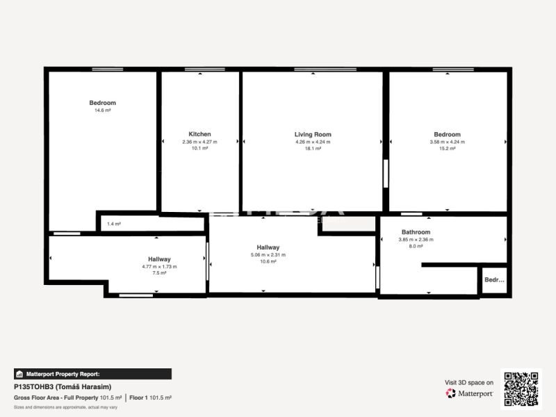 Floor plan of a 3-room apartment with a kitchen, living room, and two bedrooms.