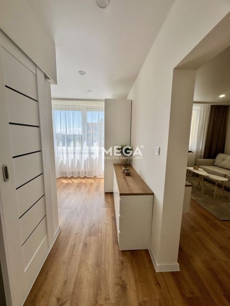 Interior of a 1-room apartment with a bright living room and a wooden decor floor.
