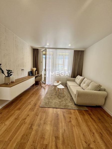 Living room in a studio apartment with a sofa and wood-patterned flooring.