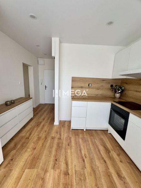 A kitchen in a studio apartment with white cabinets and a wood-patterned floor.