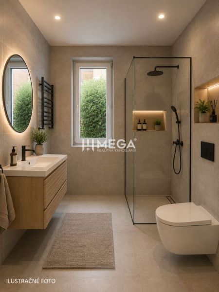 A bathroom in a family house with a sink, a shower, and decorative lighting.