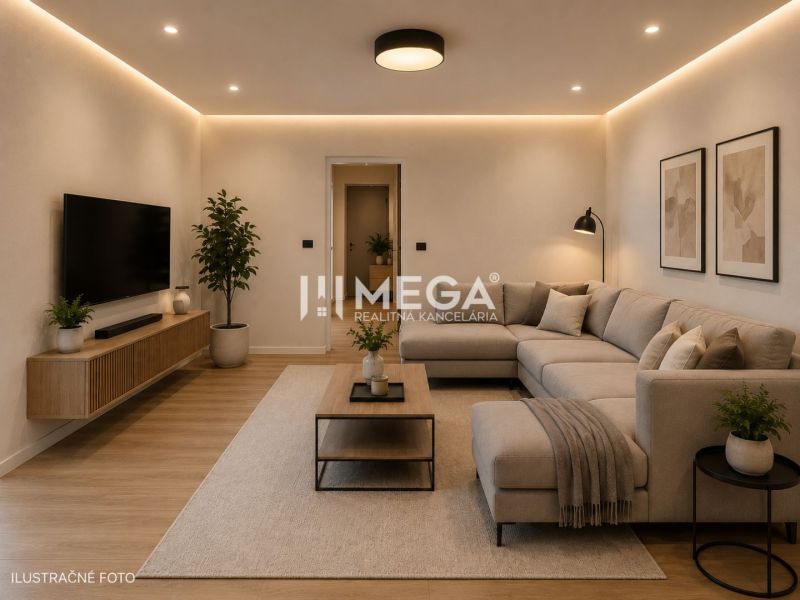 Living room in a family house with a comfortable sofa and a television, floor with wooden decor.