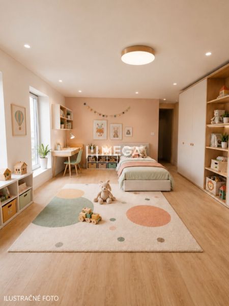 Children's room with a carpet, toys, and a wooden decor floor in a family house.