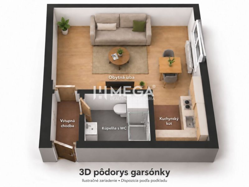 3D floor plan of a studio apartment: living room, kitchenette, bathroom with toilet, entrance hallway.