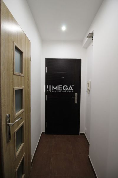 Entrance to the recreational apartment with light walls and doors with a wooden decor.
