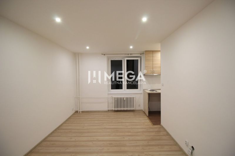 Living room in a holiday apartment with wood-patterned flooring and a simple kitchenette.