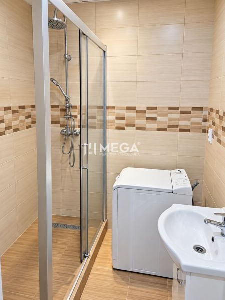 A bathroom with a spacious shower and a washing machine in a 2-room apartment.