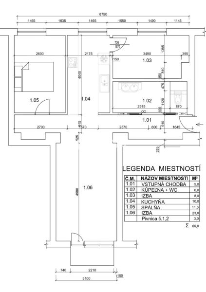 Floor plan of a 3-room apartment with an entrance hallway, kitchen, bathroom, and room.