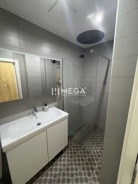 A bathroom in a 3-room apartment with a shower, a sink, and patterned flooring.