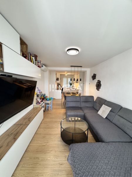 Living room in a three-room apartment with a wooden decor floor and a gray sofa.