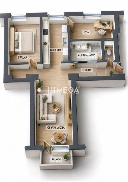 Floor plan of a 3-room apartment with a balcony, kitchen, and wooden decor flooring.