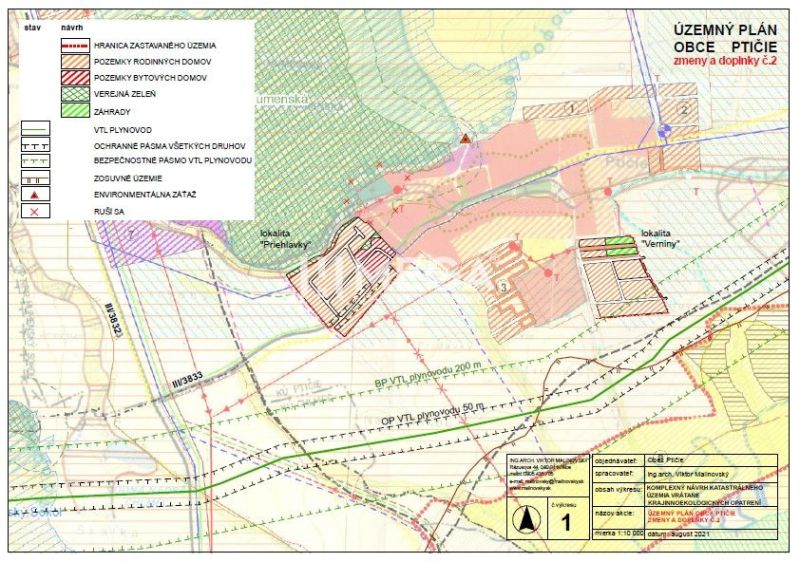 The map shows planned residential plots in the Ptičie area on Ptičie Street.