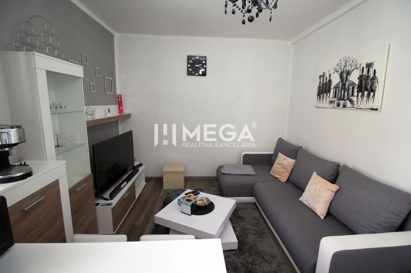 Living room of the Holiday Apartment with a gray sofa, TV, and floor with a wooden decor.