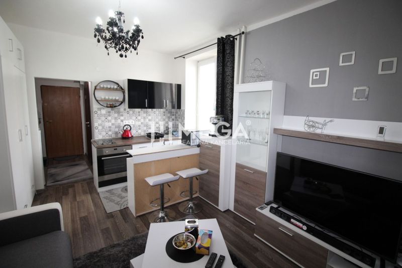 Kitchen in a holiday apartment with a sofa and wooden decor flooring.