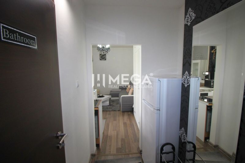 Recreational apartment with wood-decor flooring, kitchenette, and living area.