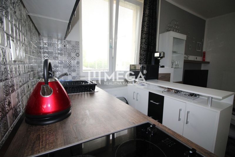 Kitchen unit with decorative tiles and appliances in the Recreational Apartment.