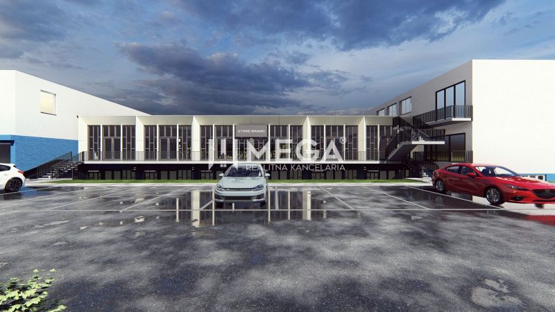 Commercial premises on Poľná Street in Humenné with a parking lot in front of the building.