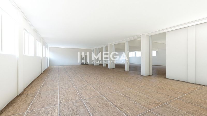 Spacious commercial spaces with wood-patterned flooring and white walls.