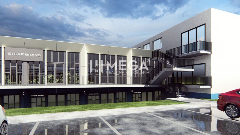 Commercial premises in Humenné on Poľná Street with glass facades and parking.