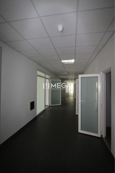 Offices with white walls, dark floors, and bright glass doors.