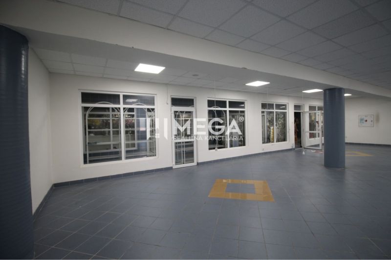 Commercial premises with glass doors and blue tiles, floor with decor.